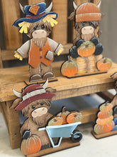 Load image into Gallery viewer, Fall Pumpkin Highland Standing File SVG, Pumpkin, Cow, Scarecrow, Leaves, Autumn, Farm, Tiered Tray Glowforge, LuckyHeartDesignsCo