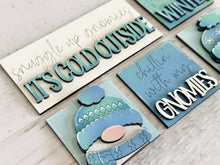 Load image into Gallery viewer, Gnome Winter MINI Interchangeable Leaning Sign File SVG, Snowman, Snowball, Snowflake, Gnomie, Tiered Tray Glowforge, LuckyHeartDesignsCo
