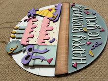 Load image into Gallery viewer, Birthday Holiday Door Sign Interchangeable File, SVG Cake, Balloon, Candles, Present, Celebrate, Seasonal, Home, Welcome, glowforge