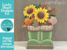 Load image into Gallery viewer, Fall Foliage Standing Boots Sign File SVG, Floral, Leaf, Pumpkin, Leaves, Sunflower, Berries, Gourd, Glowforge, LuckyHeartDesignsCo