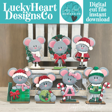 Load image into Gallery viewer, Mouse Merry Christmas Standing File SVG, mice, Glowforge 'Twas The Night Before, Tree, Candy Cane, Present, Wreath, Ornament, LuckyHeartDesignsCo
