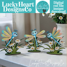 Load image into Gallery viewer, Dragonfly Standing Sign File SVG, Glowforge Flower, Daisy, Dragonflies, Spring, Summer, Daisies, Tiered Tray LuckyHeartDesignsCo