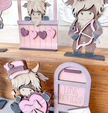 Load image into Gallery viewer, Highland Cow Kisses Valentine Standing File SVG, Balloon, Cupid Candy Chocolate Love, Heart, Farm, Tiered Tray Glowforge LuckyHeartDesignsCo