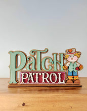 Load image into Gallery viewer, Scarecrow Shelf Sitter Standing File SVG, Glowforge Pumpkin Farm, Girl, Boy, Autumn, Gourd, Decor, Tiered Tray, LuckyHeartDesignsCo