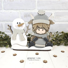 Load image into Gallery viewer, Snowman Highland Cow Winter Standing File SVG, Snowflake, Farm, Frosty, Holiday, Tiered Tray, Glowforge, LuckyHeartDesignsCo