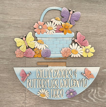 Load image into Gallery viewer, Flower Butterfly Holiday Door Sign Interchangeable File, SVG, Spring Basket Butterflies, Floral Tulip Daisy Seasonal Home Welcome, glowforge