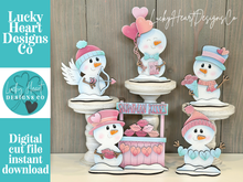 Load image into Gallery viewer, Snowman Valentine Standing File SVG, Balloon, Love, Heart, Mailbox, Snowmen Chocolate Farm, Cupid, Tiered Tray Glowforge LuckyHeartDesignsCo