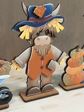 Load image into Gallery viewer, Fall Pumpkin Highland Standing File SVG, Pumpkin, Cow, Scarecrow, Leaves, Autumn, Farm, Tiered Tray Glowforge, LuckyHeartDesignsCo