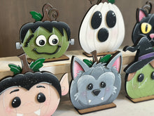 Load image into Gallery viewer, Halloween Faces Pumpkin Standing File SVG, Jack-o-lantern, Mummy, Werewolf, Frank, Ghost, Witch, Tiered Tray Glowforge, LuckyHeartDesignsCo