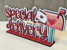 Load image into Gallery viewer, Special Delivery Valentine Shelf Sitter Standing Sign File SVG, Heart, Mailbox Mantle decor, Centerpiece, glowforge, LuckyHeartDesignsCo