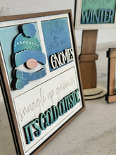 Load image into Gallery viewer, Gnome Winter MINI Interchangeable Leaning Sign File SVG, Snowman, Snowball, Snowflake, Gnomie, Tiered Tray Glowforge, LuckyHeartDesignsCo