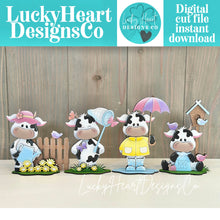 Load image into Gallery viewer, Dairy Cow Spring Butterfly Standing Sign File SVG, Glowforge Farm Flower Highland Kite, Daisy, Cow Umbrella Tiered Tray LuckyHeartDesignsCo