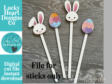 Load image into Gallery viewer, Easter Bunny Mug Stick File SVG, Glowforge Tiered Tray, Tray Decor, Plant Topper, Egg Gift, LuckyHeartDesignsCo