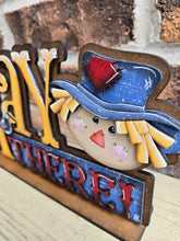 Load image into Gallery viewer, Hay There Scarecrow Shelf Sitter Standing File SVG, Glowforge Pumpkin Farm Girl, Boy, Autumn, Gourd, Decor, Tiered Tray, LuckyHeartDesignsCo