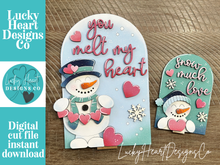 Load image into Gallery viewer, Snowman Valentine Tall Arch Sign Interchangeable File SVG, TINY INSERT only Snowmen Frosty Glowforge Holiday Tiered Tray LuckyHeartDesignsCo