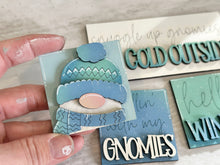 Load image into Gallery viewer, Gnome Winter MINI Interchangeable Leaning Sign File SVG, Snowman, Snowball, Snowflake, Gnomie, Tiered Tray Glowforge, LuckyHeartDesignsCo