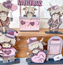 Load image into Gallery viewer, Highland Cow Kisses Valentine Standing File SVG, Balloon, Cupid Candy Chocolate Love, Heart, Farm, Tiered Tray Glowforge LuckyHeartDesignsCo