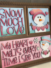 Load image into Gallery viewer, Snowman Valentines Day Interchangeable Leaning Sign File SVG, Love, Snowmen, Winter, Heart, Tiered Tray Glowforge, LuckyHeartDesignsCo