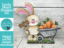 Load image into Gallery viewer, Floppy Easter Bunny Carrots Wheelbarrow Standing File SVG, Glowforge, Tiered Tray, Egg, Basket, Egg Hunt, LuckyHeartDesignsCo