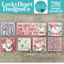 Load image into Gallery viewer, Snowman Valentines Day Interchangeable Leaning Sign File SVG, Love, Snowmen, Winter, Heart, Tiered Tray Glowforge, LuckyHeartDesignsCo