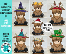 Load image into Gallery viewer, New Highland Cow Animal Hats Interchangeable MINI File SVG, Seasonal Leaning sign, Holiday, Farm Tiered Tray Glowforge, LuckyHeartDesignsCo