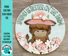Load image into Gallery viewer, Spring Cow Farm Door Hanger Sign File SVG, Glowforge, Daisy, Flower, Farm, LuckyHeartDesignsCo