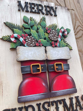Load image into Gallery viewer, Christmas Santa Boot Foliage Door Hanger Sign File SVG, Candy Cane, Tree, Holly, Greens, Pinecone, Glowforge, LuckyHeartDesignsCo