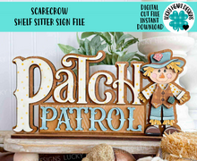 Load image into Gallery viewer, Scarecrow Shelf Sitter Standing File SVG, Glowforge Pumpkin Farm, Girl, Boy, Autumn, Gourd, Decor, Tiered Tray, LuckyHeartDesignsCo