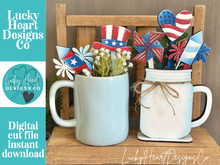 Load image into Gallery viewer, July Fourth Mug Stick File SVG, Glowforge Tiered Tray, America, USA, Fireworks, Flag, Summer Plant Topper, Gift, LuckyHeartDesignsCo