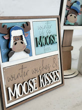 Load image into Gallery viewer, Moose Winter MINI Interchangeable Leaning Sign File SVG, Snowman, Hat, Snowflake, Tiered Tray Glowforge, LuckyHeartDesignsCo