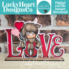 Load image into Gallery viewer, Highland Love Valentine Shelf Sitter Sign File SVG, Balloon, Cow, Love, Heart, Farm, Tiered Tray Glowforge LuckyHeartDesignsCo