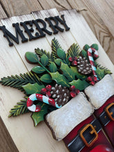 Load image into Gallery viewer, Christmas Santa Boot Foliage Door Hanger Sign File SVG, Candy Cane, Tree, Holly, Greens, Pinecone, Glowforge, LuckyHeartDesignsCo