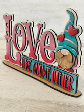 Load image into Gallery viewer, Gnome Valentines Shelf Sitter Sign File SVG, Tiered Tray Holiday Decor, Heart, Love, Gnomie, Glowforge, LuckyHeartDesignsCo