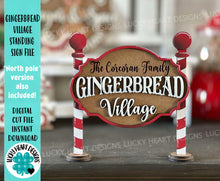Load image into Gallery viewer, Gingerbread Village Standing Sign File SVG, Christmas, Santa, Candy Cane Bakery, Tiered Tray, Centerpiece, glowforge, LuckyHeartDesignsCo