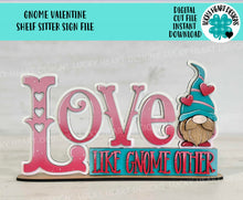 Load image into Gallery viewer, Gnome Valentines Shelf Sitter Sign File SVG, Tiered Tray Holiday Decor, Heart, Love, Gnomie, Glowforge, LuckyHeartDesignsCo