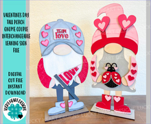 Load image into Gallery viewer, Valentine Tall Porch Gnome Couple Interchangeable Leaning Sign Gnome File SVG, Valentine's Day(hat add on), love, hearts,  Glowforge, LuckyHeartDesignsCo