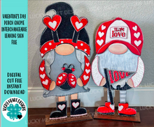 Load image into Gallery viewer, Valentine Tall Porch Gnome Couple Interchangeable Leaning Sign Gnome File SVG, Valentine's Day(hat add on), love, hearts,  Glowforge, LuckyHeartDesignsCo