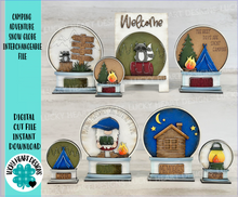 Load image into Gallery viewer, Camping Adventure Snow Globe Interchangeable File SVG, Gnome, Raccoon, Cabin, Tent, Camper, Glowforge, Tiered Tray LuckyHeartDesignsCo