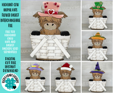Load image into Gallery viewer, Highland Cow Animal Hats Flower Basket Interchangeable File SVG, Christmas, Fall, Halloween, Tiered Tray, Glowforge, LuckyHeartDesignsCo