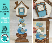 Load image into Gallery viewer, Birds for the Birdhouse Interchangeable File SVG, Glowforge, Fall, Seasonal, Holiday Shapes, Spring, Nest, LuckyHeartDesignsCo