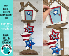 Load image into Gallery viewer, Stars for the Birdhouse Interchangeable File SVG, Glowforge, Fourth Of July, USA, Seasonal, Holiday Shapes, Floral, LuckyHeartDesignsCo