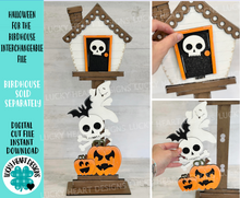 Load image into Gallery viewer, Halloween for the Birdhouse Interchangeable File SVG, Glowforge, Pumpkin Trick or Treat, Ghost Seasonal, Holiday Shapes, LuckyHeartDesignsCo