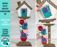 Load image into Gallery viewer, Birthday for the Birdhouse Interchangeable File SVG, Balloons Cupcake Candle Present Seasonal Holiday Shapes, Glowforge, LuckyHeartDesignsCo