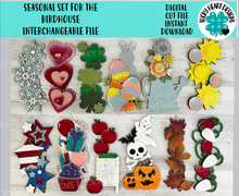 Load image into Gallery viewer, Seasonal Bundle for the Birdhouse Interchangeable File SVG, Glowforge, Holiday Shapes, Christmas, Spring, Bird house, LuckyHeartDesignsCo