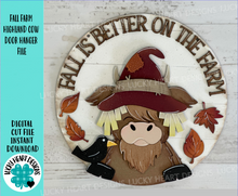Load image into Gallery viewer, Fall Farm Highland Cow Door Hanger File SVG, Scarecrow, Leaves, Pumpkin, Glowforge, LuckyHeartDesignsCo
