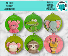 Load image into Gallery viewer, Zoo Circus Ornament File SVG, Glowforge, Bear, Alligator, Elephant, Monkey, Sloth, Giraffe, Baby Christmas, LuckyHeartDesignsCo