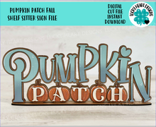 Load image into Gallery viewer, Pumpkin Patch Shelf Sitter Standing Fall Sign File SVG, Fall Glowforge, Leaves, Leaf, Shelf Sitter, Thanksgiving, LuckyHeartDesignsCo