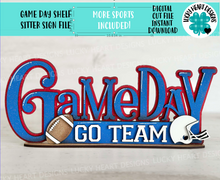 Load image into Gallery viewer, Game Day Shelf Sitter Standing Sign File SVG, Glowforge, Football, Soccer, Baseball, Hockey, Sports, Basketball, LuckyHeartDesignsCo