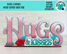 Load image into Gallery viewer, Hugs and Kisses Shelf Sitter Standing Sign File SVG, Valentine, Heart, Be Mine, Mantle decor, Centerpiece, glowforge, LuckyHeartDesignsCo