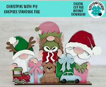 Load image into Gallery viewer, Christmas With My Gnomies Standing File SVG, Gnome, Santa, Rudolph, Elf, Present, Reindeer, Glowforge, LuckyHeartDesignsCo